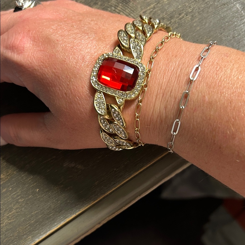 HIP HOP 14K G/P SIMULATE RED RUBY SOLITAIRE CZ'S BLING MIAMI CUBAN CURB BRACELET
